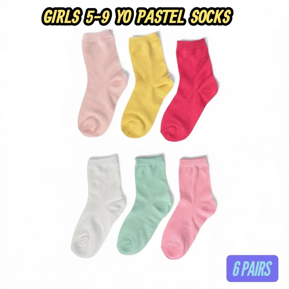 Girls Pastel Super Soft Moisture Wicking Anti-Slip Elastic Crew Socks 5-9 YO 6pk